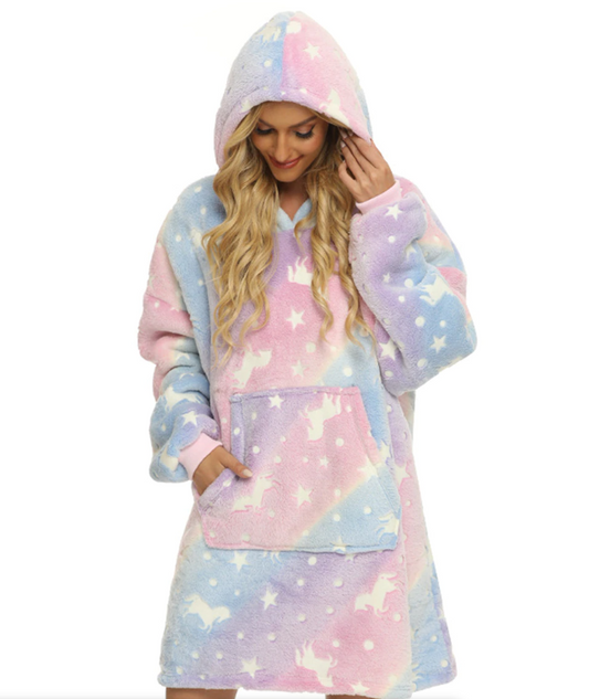 The Blanket Hoodie - Glow in the dark - Rainbow Unicorn Pattern (One size fits all)